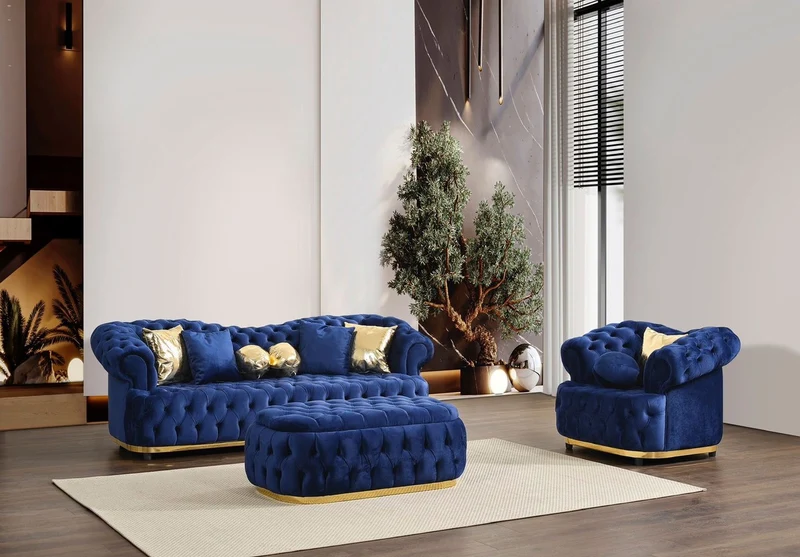 Casa Padrino Luxus Chesterfield Samt Sofa Blau / Gold / Schwarz 240 cm