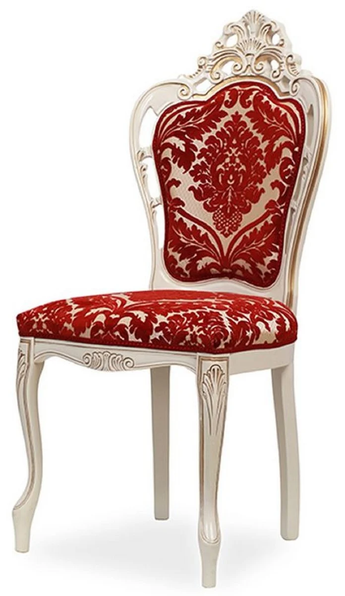 Casa Padrino Luxus Barock Esszimmer Stuhl mit elegantem Muster Rot / Weiß / Beige / Gold - Barockstil Küchen Stuhl - Prunkvolle Luxus Esszimmer Möbel im Barockstil - Barock Möbel