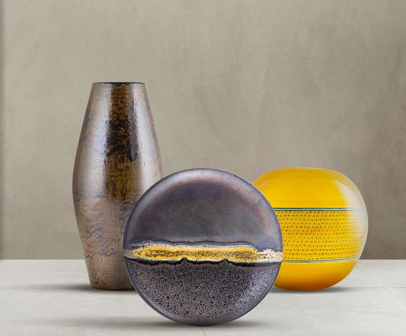 Casa Padrino Luxus Keramik Vase Gelb / Blau / Schwarz Ø 30 x H. 26 cm - Runde handgefertigte & handbemalte Blumenvase - Deko Accessoires - Luxus Qualität - Made in Italy