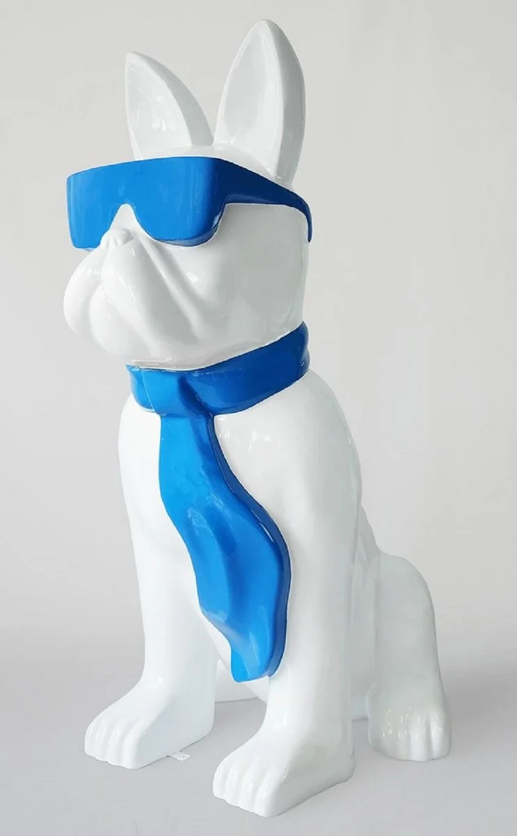 Casa Padrino XXL Deko Skulptur Hund Bulldogge Weiß / Blau H. 196 cm