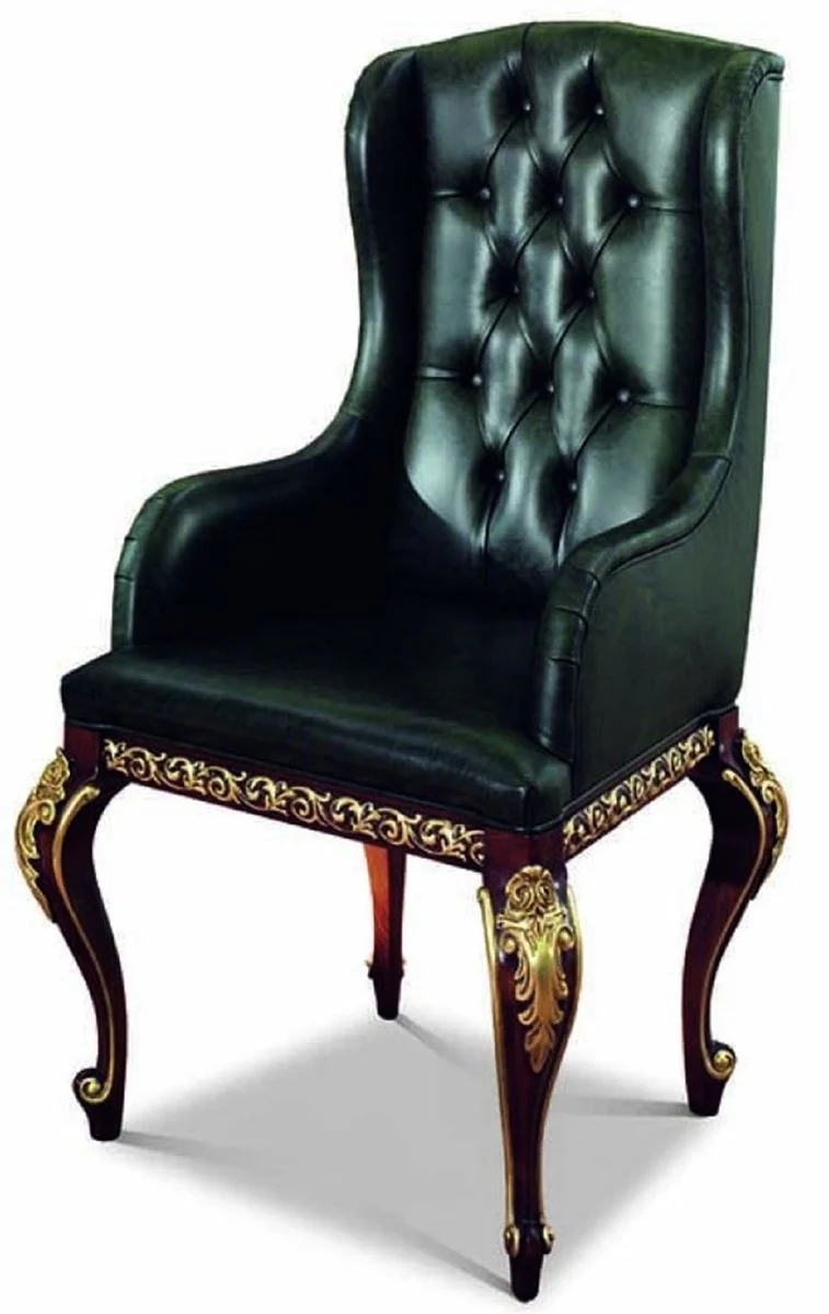 Casa Padrino Luxus Barock Leder Esszimmer Stuhl mit Armlehnen Dunkelgrün / Dunkelbraun / Gold - Made in Italy