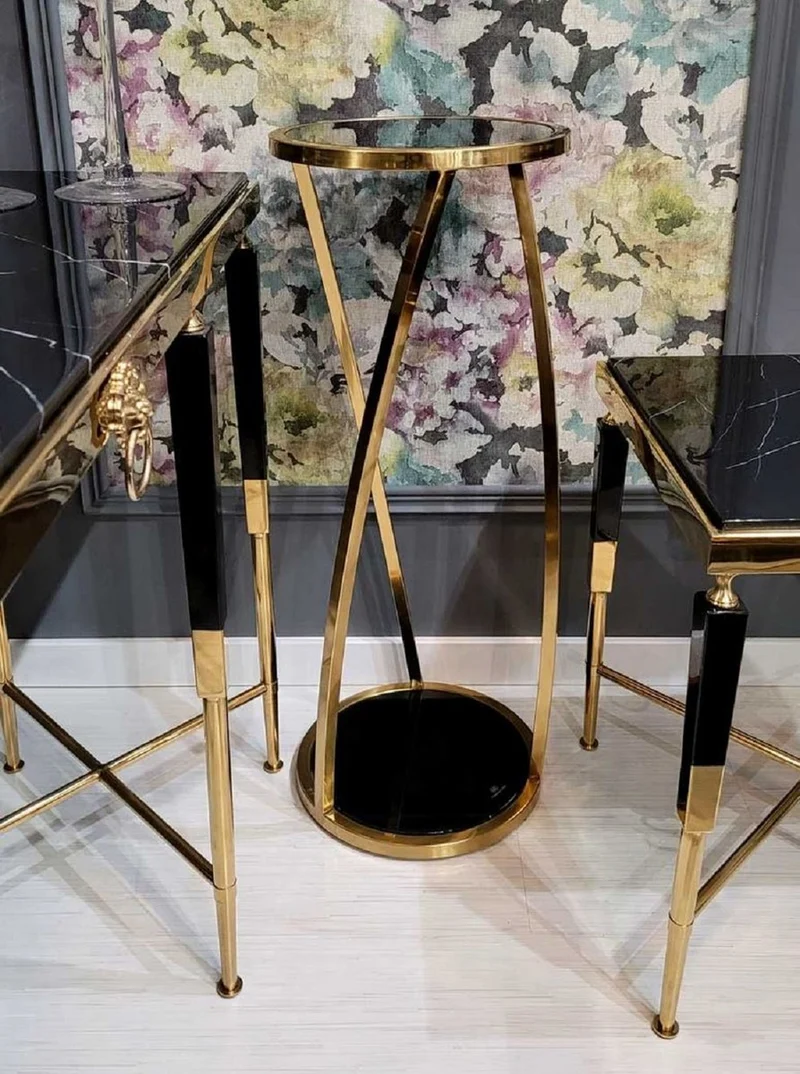 Casa Padrino Luxus Beistelltisch Gold / Schwarz Ø 35 x H. 90 cm - Runder Edelstahl Blumentisch mit getönten Glasplatten - Wohnzimmer Möbel - Luxus Möbel