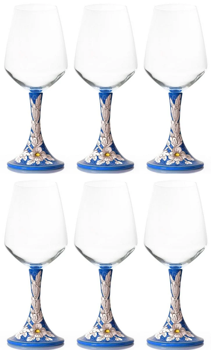 Casa Padrino Luxus Keramik Weinglas 6er Set Blau / Mehrfarbig H. 23,5 cm - Handgefertigte & handbemalte Weingläser - Hotel & Restaurant Accessoires - Luxus Qualität - Made in Italy