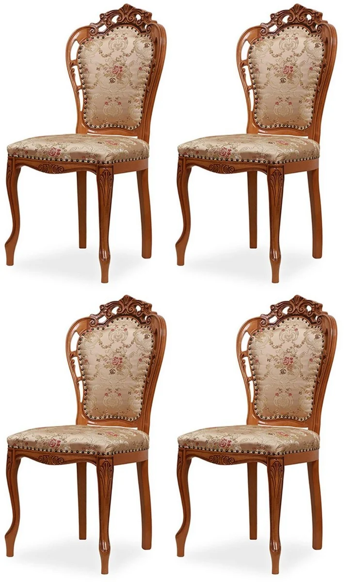 Casa Padrino Luxus Barock Esszimmer Stuhl 4er Set mit elegantem Muster Gold / Mehrfarbig / Braun - Barockstil Küchen Stühle - Prunkvolle Luxus Esszimmer Möbel im Barockstil - Edel & Prunkvoll