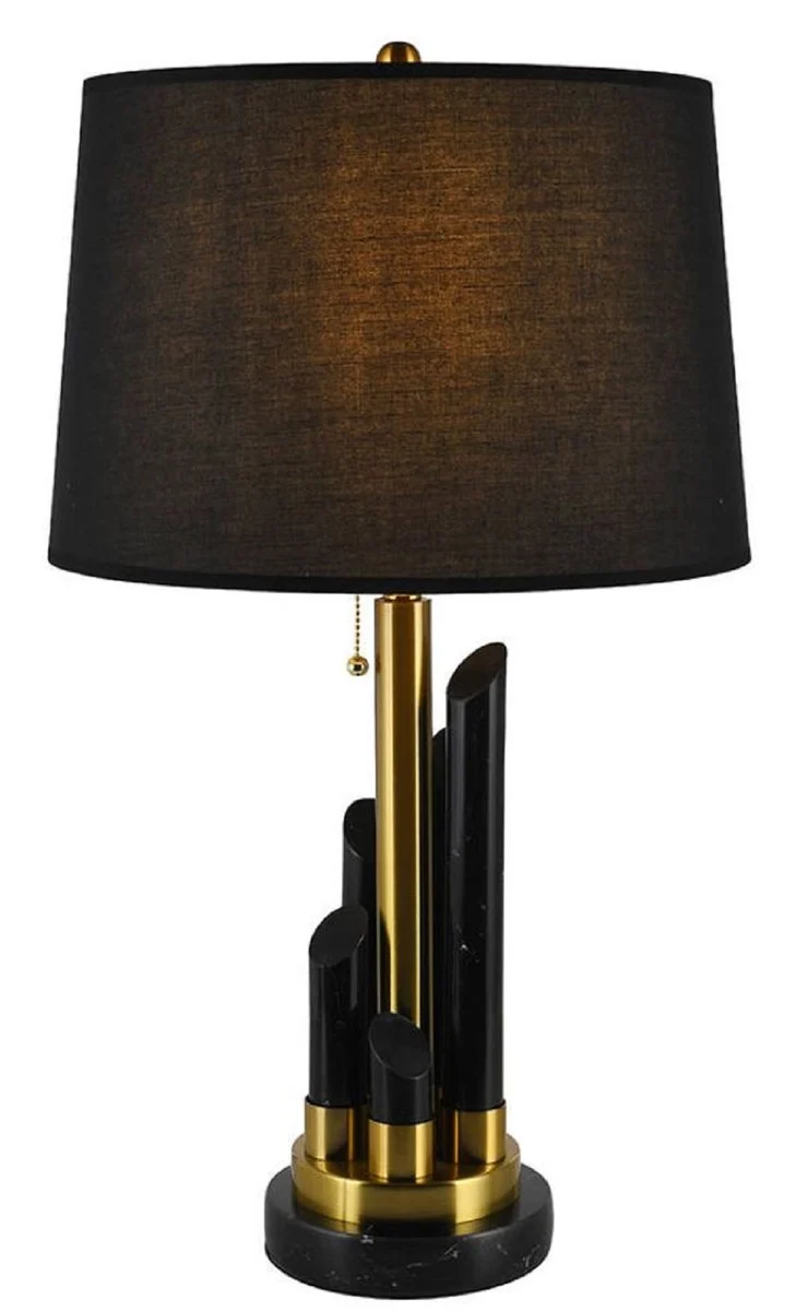 Casa Padrino Luxus Marmor Tischleuchte Schwarz / Gold Ø 38 x H. 68,5 cm - Runde Marmor Schreibtischleuchte mit Lampenschirm - Luxus Marmor Leuchten