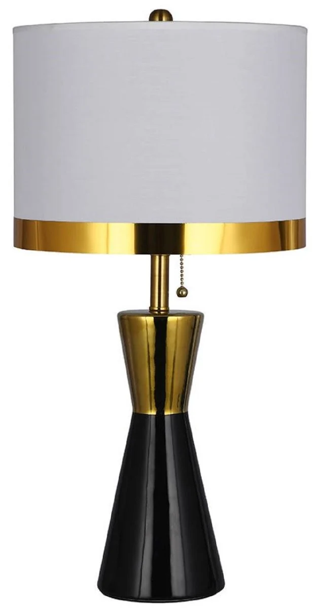 Casa Padrino Luxus Keramik Tischleuchte Schwarz / Gold / Weiß Ø 30 x H. 60 cm - Runde Keramik Schreibtischleuchte mit Lampenschirm - Luxus Keramik Leuchten