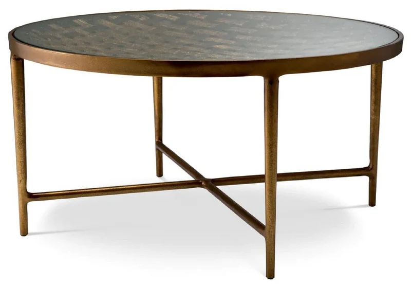 Casa Padrino Luxus Couchtisch Antik Messing Ø 90 x H. 44,5 cm - Runder Aluminium Wohnzimmertisch mit Glasplatte - Luxus Möbel - Wohnzimmer Möbel - Luxus Einrichtung