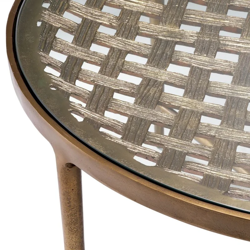 Casa Padrino Luxus Couchtisch Antik Messing Ø 90 x H. 44,5 cm - Runder Aluminium Wohnzimmertisch mit Glasplatte - Luxus Möbel - Wohnzimmer Möbel - Luxus Einrichtung