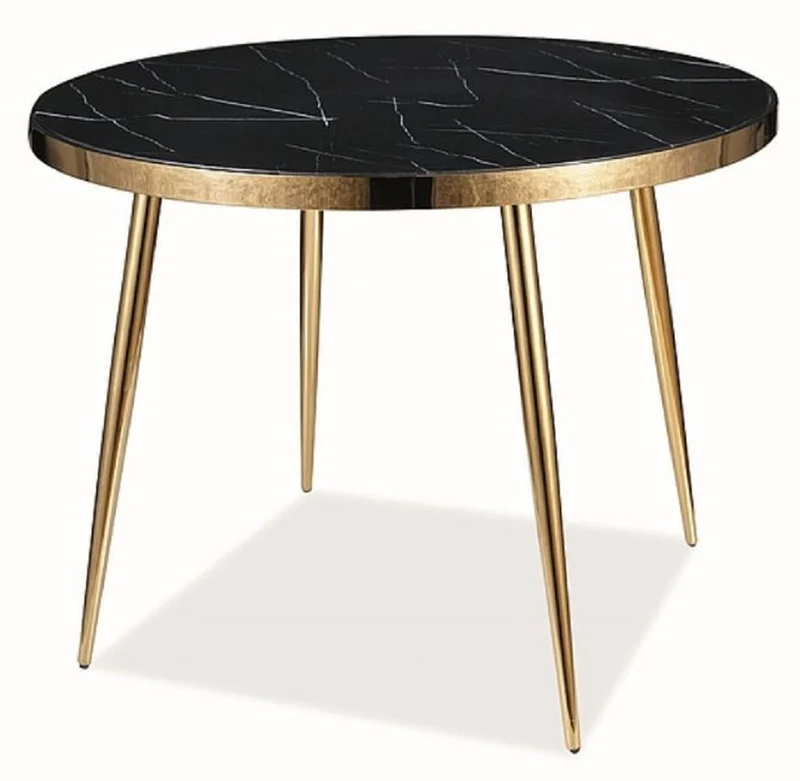 Casa Padrino Luxus Esstisch Schwarz / Gold Ø 100 x H. 75 cm - Runder Esszimmertisch mit Glasplatte in Marmoroptik - Esszimmer Möbel - Küchen Möbel
