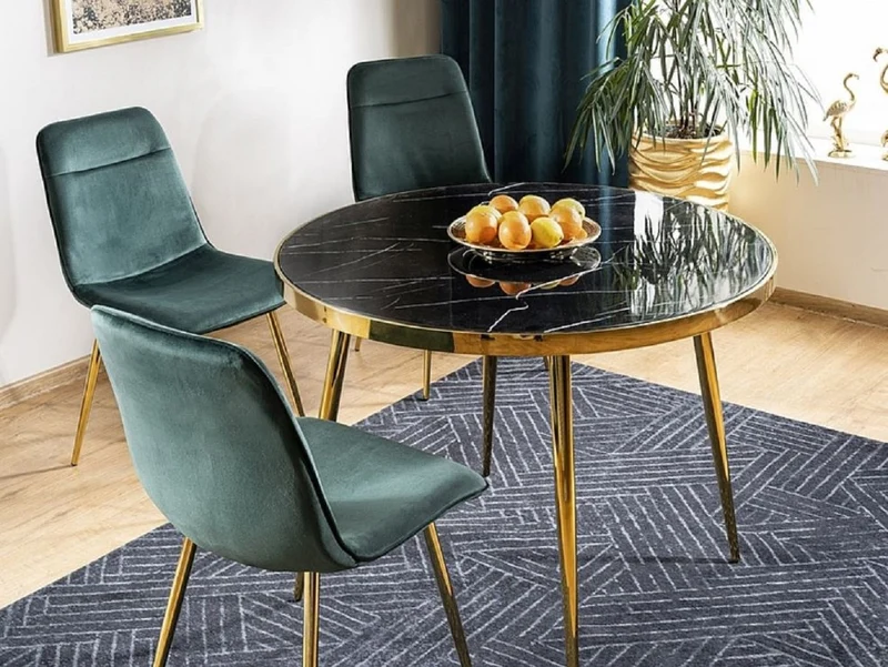 Casa Padrino Luxus Esstisch Schwarz / Gold Ø 100 x H. 75 cm - Runder Esszimmertisch mit Glasplatte in Marmoroptik - Esszimmer Möbel - Küchen Möbel