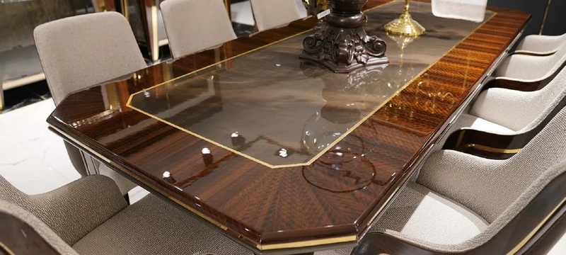 Casa Padrino Luxus Esstisch Grau / Braun / Gold 350 x 112 x H. 70 cm - Rechteckiger Massivholz Küchentisch - Esszimmer Möbel - Luxus Möbel - Luxus Kollektion