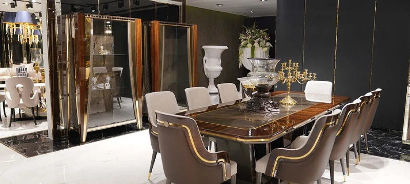 Casa Padrino Luxus Esstisch Grau / Braun / Gold 350 x 112 x H. 70 cm - Rechteckiger Massivholz Küchentisch - Esszimmer Möbel - Luxus Möbel - Luxus Kollektion