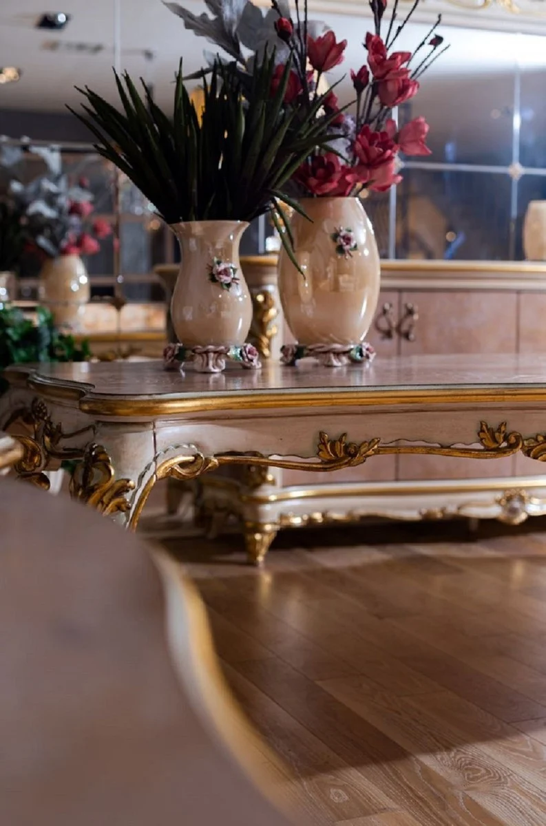 Pompöös by Casa Padrino Luxus Barock Esstisch Provence Beige / Weiß / Gold - Pompööser Barockstil Esszimmertisch designed by Harald Glööckler