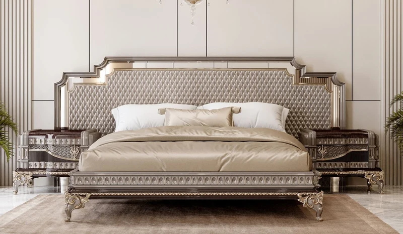Casa Padrino Luxus Barock Doppelbett und 2 Nachtkommoden Grau / Dunkelbraun / Gold