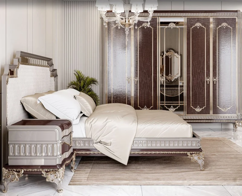 Casa Padrino Luxus Barock Doppelbett und 2 Nachtkommoden Grau / Dunkelbraun / Gold
