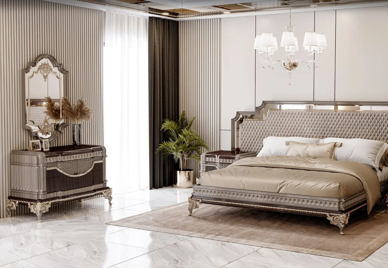 Casa Padrino Luxus Barock Doppelbett und 2 Nachtkommoden Grau / Dunkelbraun / Gold