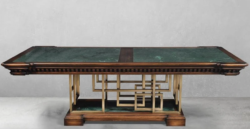 Casa Padrino Luxus Vintage Stil Esstisch Braun / Grün / Messing 250 x 124 x H. 77,5 cm - Rechteckiger Massivholz Esszimmertisch - Esszimmer Möbel - Vintage Stil Möbel - Luxus Möbel