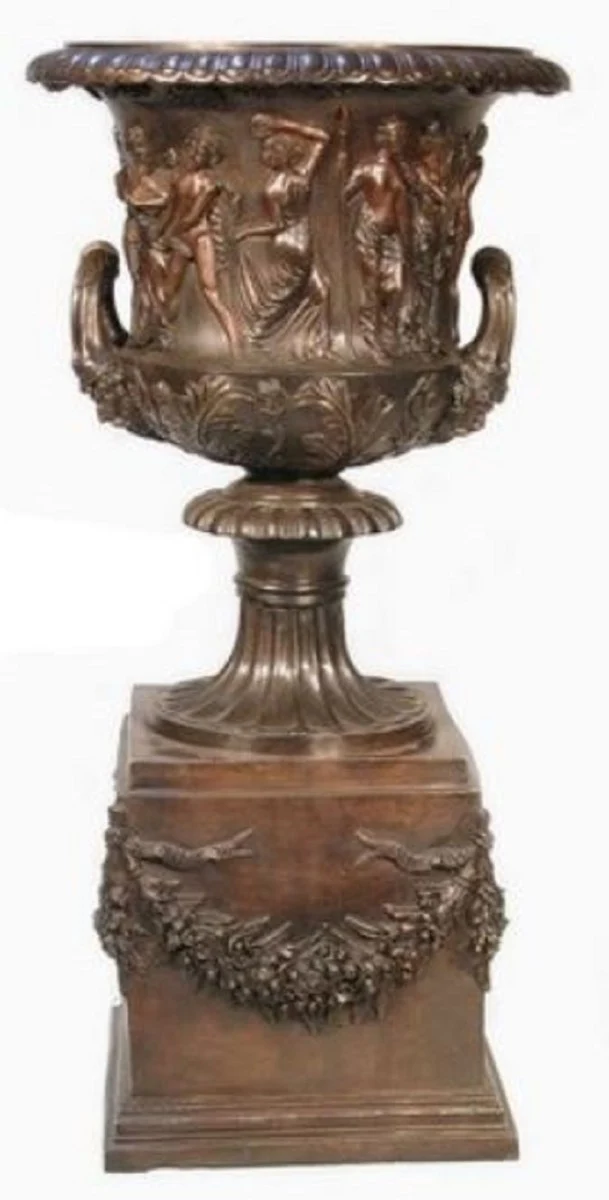 Casa Padrino Luxus Barock Deko Bronze Vase auf Säule Ø 58 x H. 117 cm - Prunkvoller Bronze Pflanzenkübel - Barock Wohnzimmer Deko - Barock Garten Deko - Barock Bronze Deko Accessoires