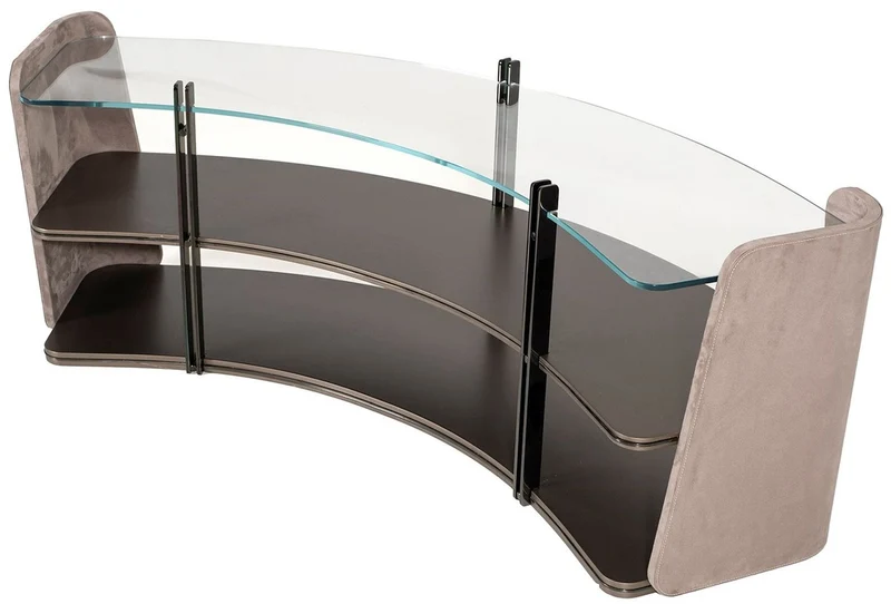 Casa Padrino Luxus Regalschrank Grau / Dunkelbraun / Bronze 141,45 x 105,41 x H. 61,5 cm - Gebogener Schrank mit Glasplatte - Wohnzimmer Möbel - Hotel Möbel - Luxus Möbel