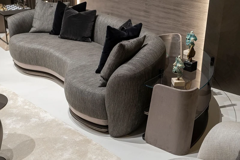 Casa Padrino Luxus Regalschrank Grau / Dunkelbraun / Bronze 141,45 x 105,41 x H. 61,5 cm - Gebogener Schrank mit Glasplatte - Wohnzimmer Möbel - Hotel Möbel - Luxus Möbel