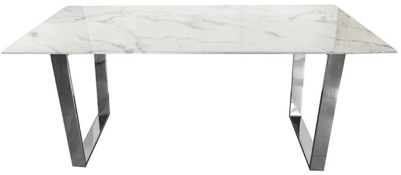Casa Padrino Luxus Esstisch Weiß / Silber 160 x 80 x H. 75 cm - Esszimmer Tisch mit Kunstmarmor Tischplatte - Esszimmer Möbel - Luxus Möbel - Luxus Einrichtung