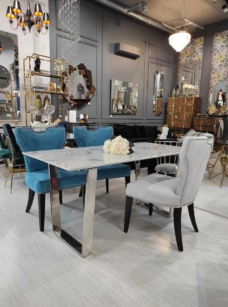 Casa Padrino Luxus Esstisch Weiß / Silber 160 x 80 x H. 75 cm - Esszimmer Tisch mit Kunstmarmor Tischplatte - Esszimmer Möbel - Luxus Möbel - Luxus Einrichtung