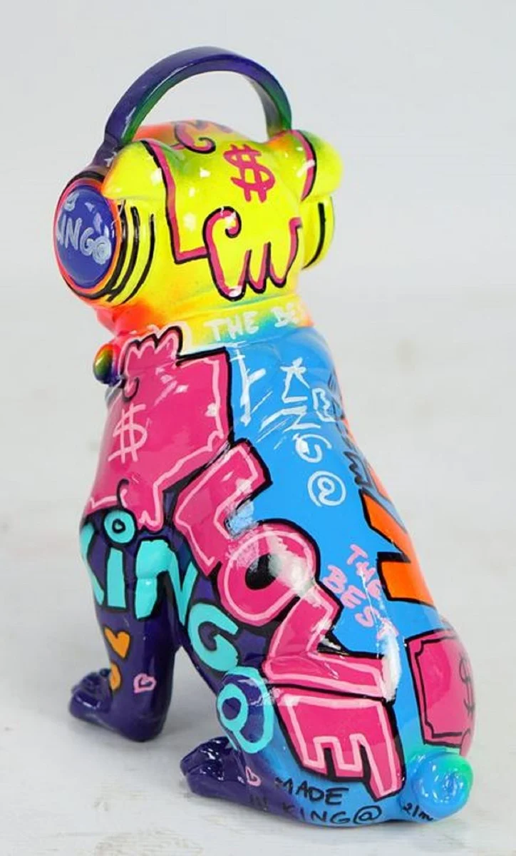 Casa Padrino Luxus Designer Deko Figur Hund Bulldogge mit Kopfhörer Bunt H. 32 cm - Kunstharz Deko Skulptur - Wohnzimmer Deko - Schreibtisch Deko - Luxus Deko Tierfigur