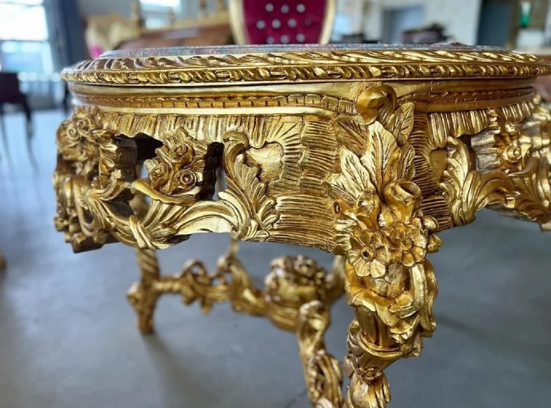 Casa Padrino Barock Esstisch Gold / Grau-Braun - Runder Massivholz Esszimmertisch mit Marmorplatte - Esszimmer Möbel im Barockstil - Barock Möbel - Edel & Prunkvoll