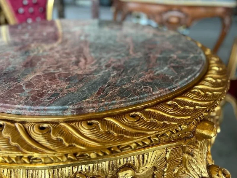 Casa Padrino Barock Esstisch Gold / Grau-Braun - Runder Massivholz Esszimmertisch mit Marmorplatte - Esszimmer Möbel im Barockstil - Barock Möbel - Edel & Prunkvoll
