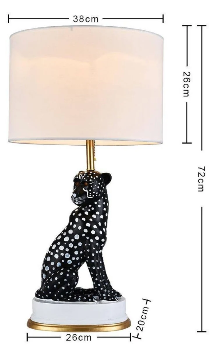 Casa Padrino Luxus Keramik Tischleuchte Puma Katze Schwarz / Weiß / Gold Ø 38 x H. 72 cm - Keramik Schreibtischleuchte mit rundem Lampenschirm - Luxus Keramik Leuchten