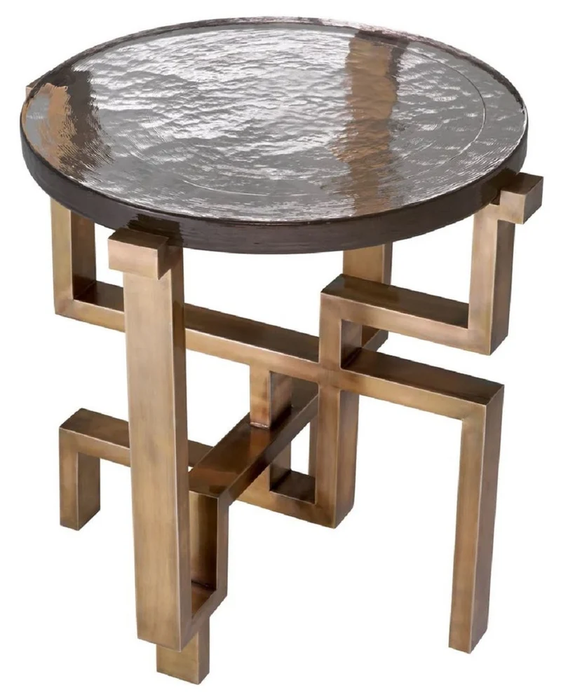 Casa Padrino Luxus Beistelltisch Vintage Messing Ø 57 x H. 56 cm - Runder Edelstahl Tisch mit Glasplatte - Luxus Möbel - Wohnzimmer Möbel - Luxus Einrichtung - Wohnzimmer Einrichtung