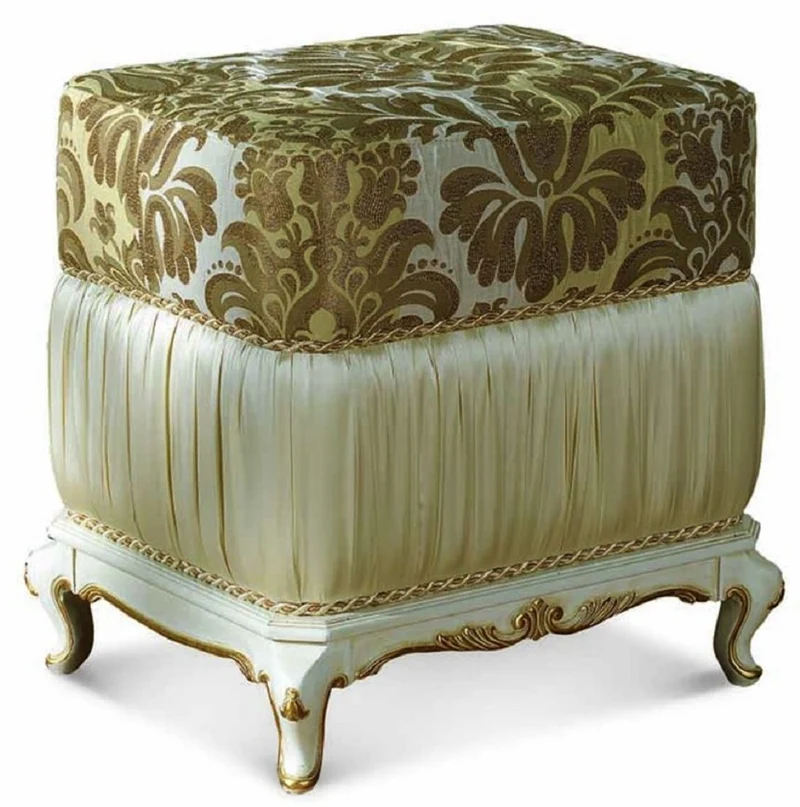 Casa Padrino Luxus Barock Hocker Grün / Elfenbein / Gold H. 48 cm - Made in Italy