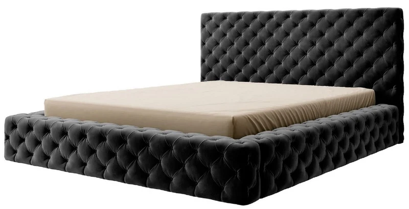 Casa Padrino Luxus Chesterfield Samt Doppelbett mit Matratze Schwarz - Verschiedene Größen