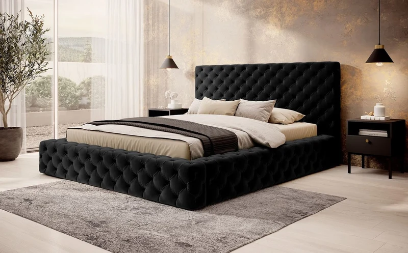 Casa Padrino Luxus Chesterfield Samt Doppelbett mit Matratze Schwarz - Verschiedene Größen