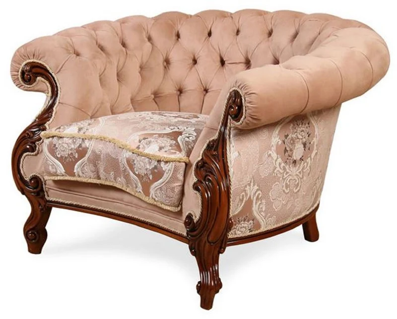 Casa Padrino Luxus Barock Wohnzimmer Sessel Rosa / Weiß / Dunkelbraun - Handgefertigter Barockstil Sessel - Prunkvolle Luxus Wohnzimmer Möbel im Barockstil - Barock Möbel - Edel & Prunkvoll