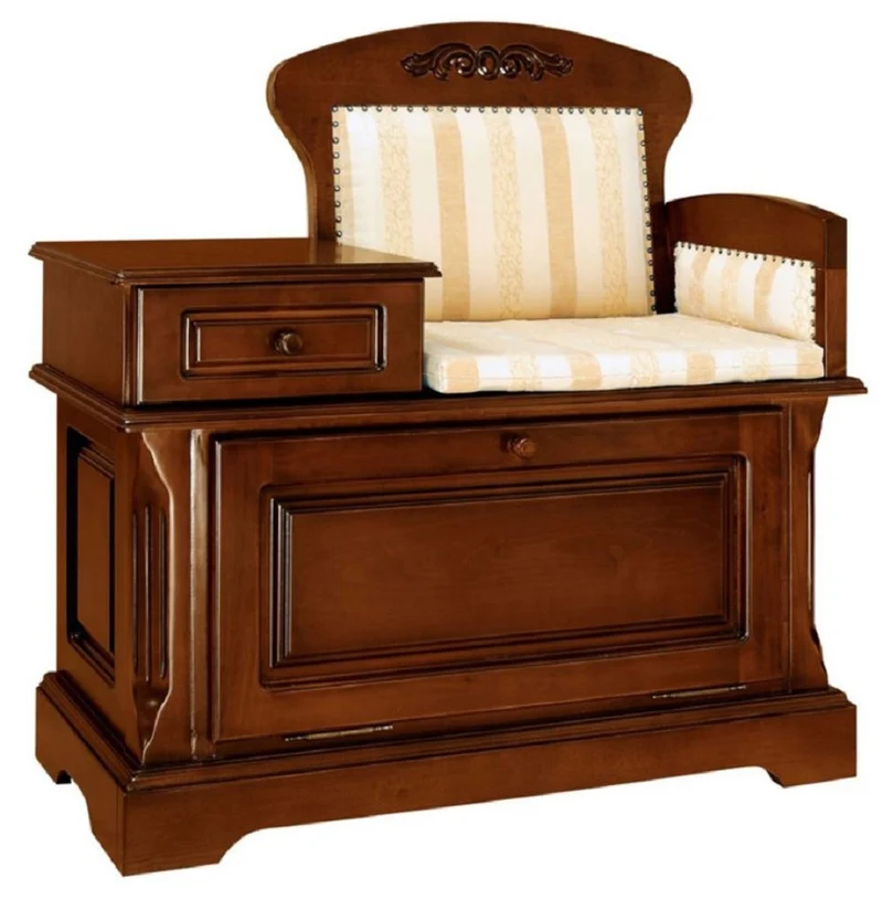 Casa Padrino Luxus Barock Telefonbank Braun / Weiß / Gold - Handgefertigter Barockstil Massivholz Flurschrank mit Sitzbank - Barock Möbel