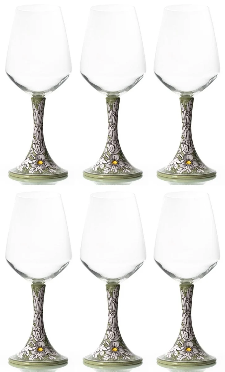 Casa Padrino Luxus Keramik Weinglas 6er Set Olivgrün / Mehrfarbig H. 23,5 cm - Handgefertigte & handbemalte Weingläser - Hotel & Restaurant Accessoires - Luxus Qualität - Made in Italy