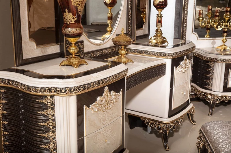 Casa Padrino Luxus Barock Schminkkommode mit Spiegel und Hocker