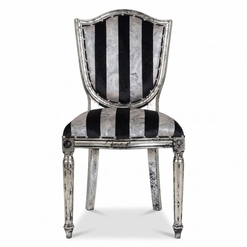 Casa Padrino Luxus Art Deco Esszimmer Stuhl Silber / Schwarz / Antik Silber - Eleganter Massivholz Stuhl mit Streifen - Art Deco Esszimmer Möbel