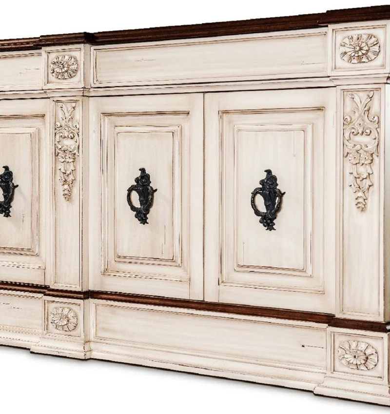Casa Padrino Luxus Vintage Stil Sideboard mit 4 Türen Antik Creme / Dunkelbraun / Schwarz 242,5 x 52 x H. 112 cm - Vintage Stil Schrank - Massivholz Möbel - Vintage Stil Möbel - Luxus Möbel