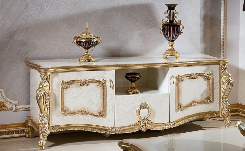 Casa Padrino Luxus Barock TV Schrank Weiß / Beige / Gold 190 cm