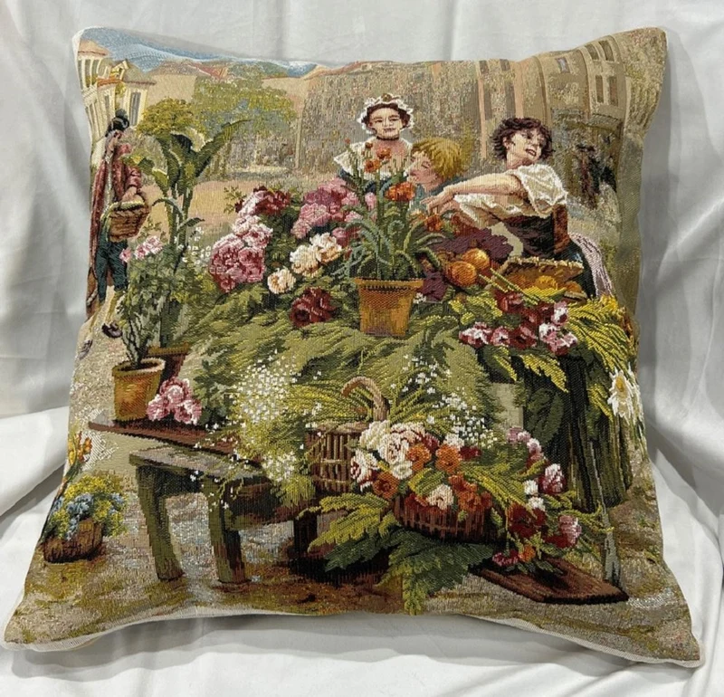 Casa Padrino Luxus Deko Kissen Mittelalter Markt Mehrfarbig 45 x 45 cm - Bedrucktes Zierkissen mit edlem Gobelin Stoff - Luxus Deko Accessoires