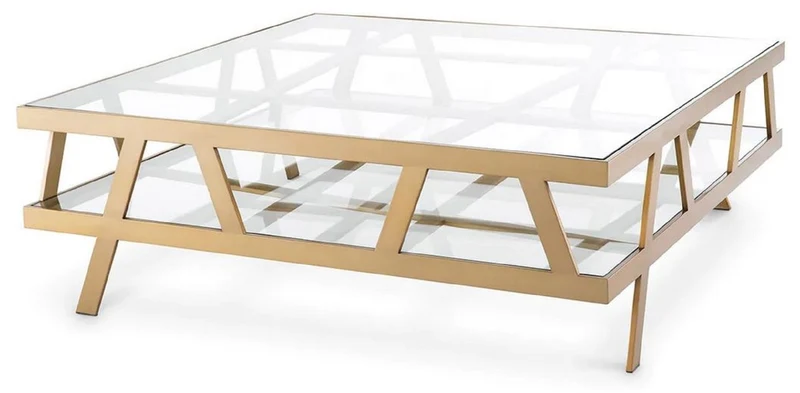 Casa Padrino Luxus Couchtisch Messing 110 x 110 x H. 37 cm - Quadratischer Edelstahl Wohnzimmertisch mit Glasplatten - Wohnzimmer Möbel - Hotel Möbel - Luxus Möbel - Luxus Qualität
