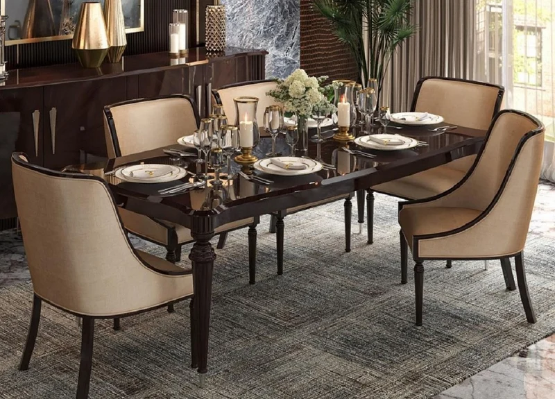 Casa Padrino Luxus Barock Esszimmer Stuhl 4er Set Beige / Dunkelbraun Hochglanz - Luxus Esszimmer Möbel im Barockstil - Barock Möbel - Edel & Prunkvoll