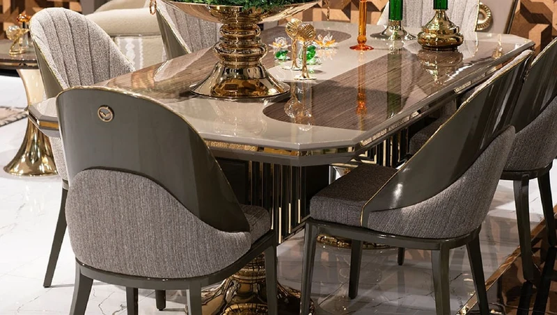 Casa Padrino Luxus Esstisch Grau / Braun / Gold - Rechteckiger Luxus Küchentisch - Esszimmer Möbel - Luxus Möbel
