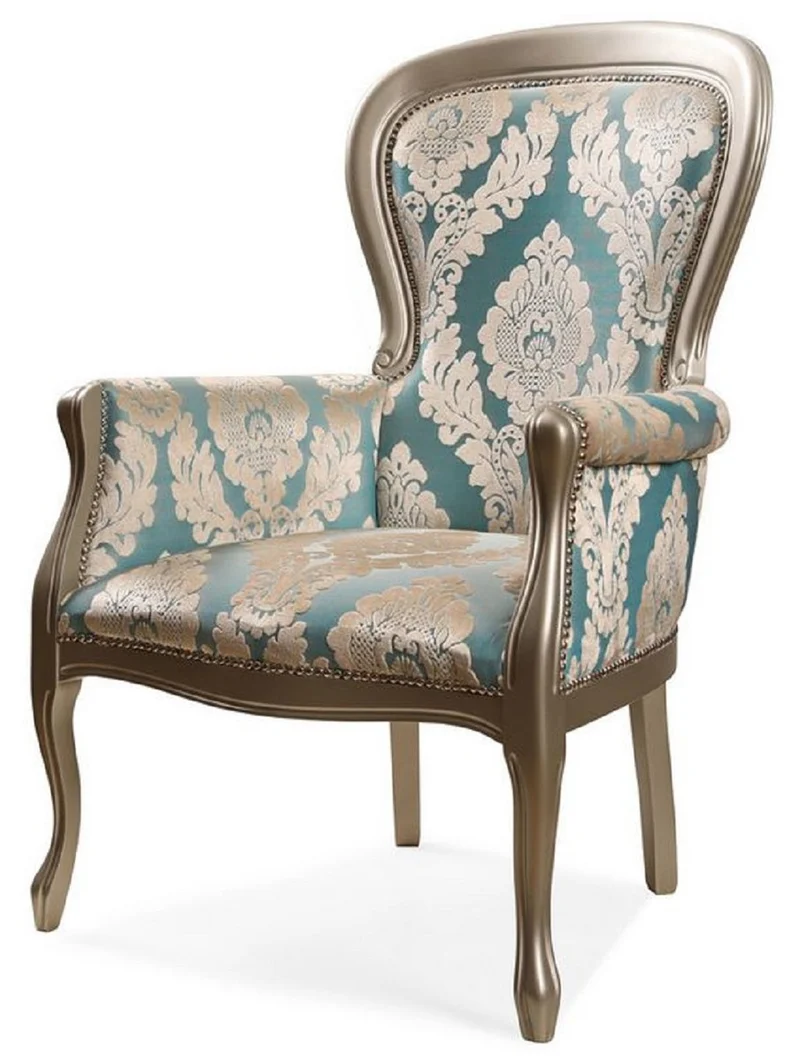 Casa Padrino Luxus Barock Sessel Türkis / Silber - Barockstil Wohnzimmer Sessel mit elegantem Muster - Barock Wohnzimmer Möbel - Edel & Prunkvoll