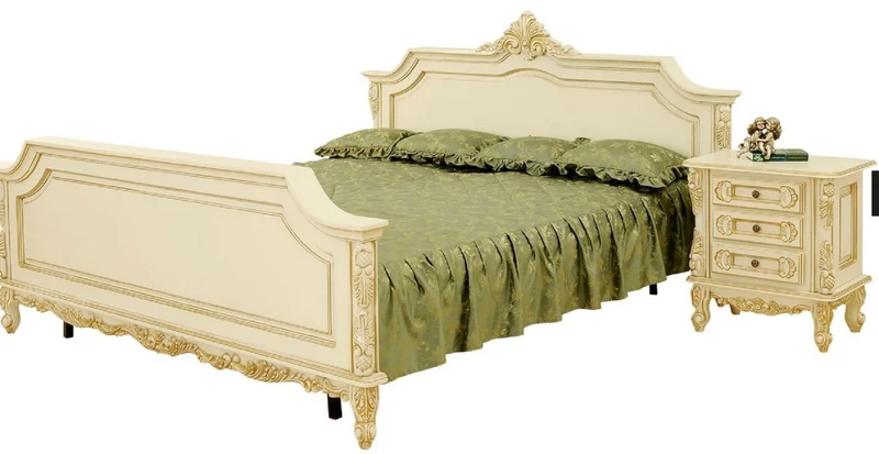 Casa Padrino Luxus Barock Doppelbett Creme / Beige - Prunkvolles Massivholz Bett - Luxus Schlafzimmer Möbel im Barockstil - Barock Schlafzimmer Möbel - Edel & Prunkvoll