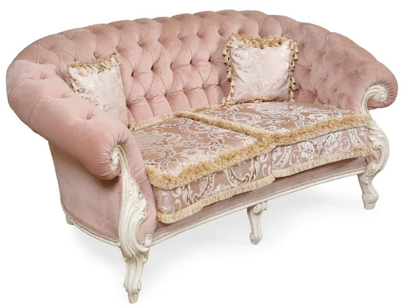 Casa Padrino Luxus Barock Wohnzimmer Sofa Rosa / Cremeweiß - Handgefertigtes Barockstil Sofa - Prunkvolle Luxus Wohnzimmer Möbel im Barockstil - Barock Möbel