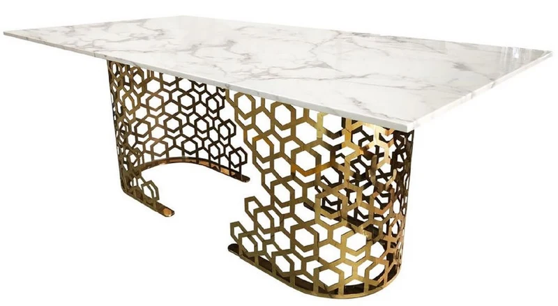 Casa Padrino Luxus Esstisch Weiß / Gold 200 x 100 x H. 76 cm - Esszimmer Tisch mit Kunstmarmor Tischplatte - Esszimmer Möbel - Luxus Möbel - Luxus Einrichtung