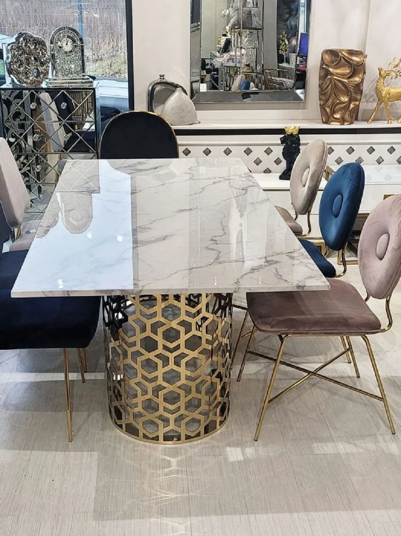 Casa Padrino Luxus Esstisch Weiß / Gold 200 x 100 x H. 76 cm - Esszimmer Tisch mit Kunstmarmor Tischplatte - Esszimmer Möbel - Luxus Möbel - Luxus Einrichtung